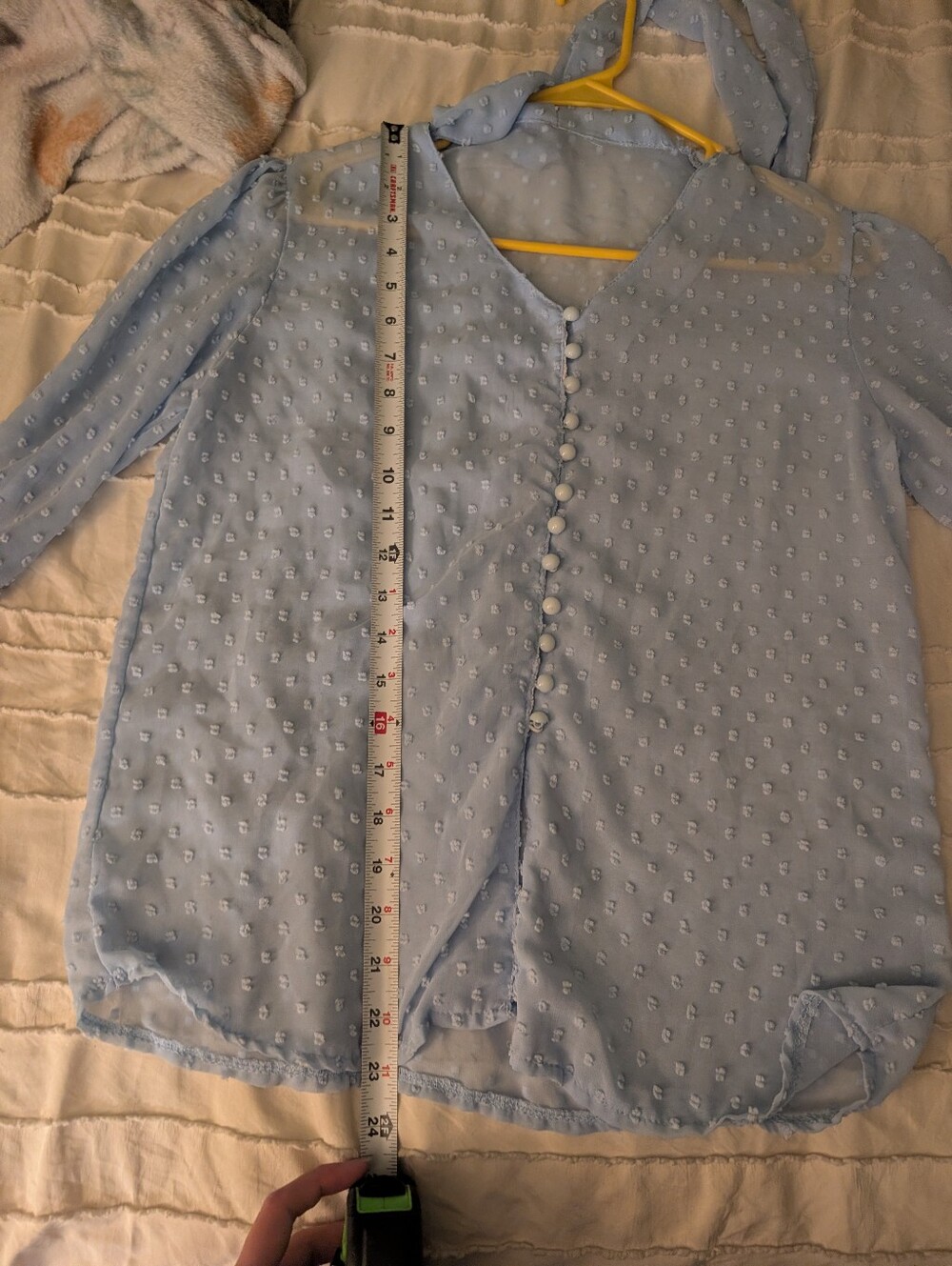 Light Blue Swiss Dot Tie-Neck Blouse - Women - Picture 6 of 7